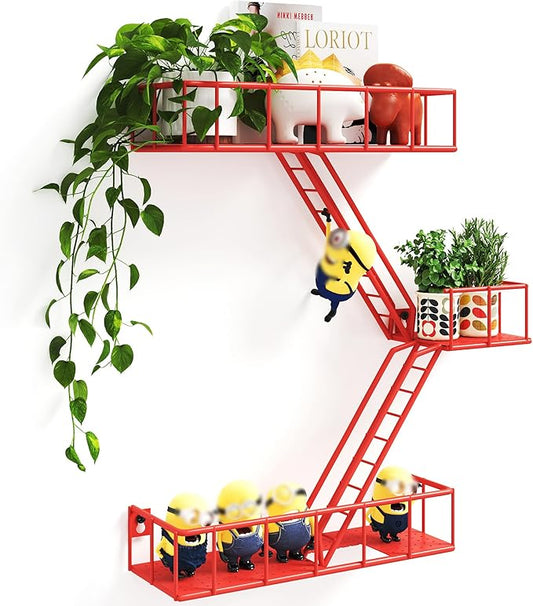 Fire Escape Shelf - 3 Tier Metal Red Fire Escape Wall Shelves with Baskets, New York Action Figurine Display Shelf, Unique Rustic Floating Decorative Wall Shelves for Any Room