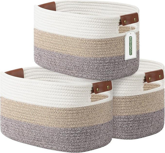 Cotton Rope Basket, Storage Baskets with Handle, 15x10x9 Inch Woven Basket for Shelves, Laundry, Towels, Clothes, Books (Gradient Brown 3 Pack)