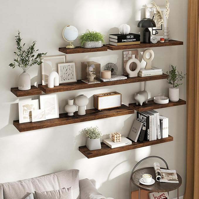 16 Inch Floating Shelves for Wall Set of 2, 8"D Wood Grain Bathroom Shelves with Invisible Brackets, Easy Install Engineered Wood Storage Shelves for Kitchen, Living Room, Bedroom, Rustic Brown Finish