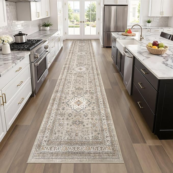 Vintage Hallway Runner Rug 2x10: Large Soft Washable Entryway for Kitchen Laundry Room Non-Slip Backing Runner for Entrance Living Room Bedroom Bathroom - Beige