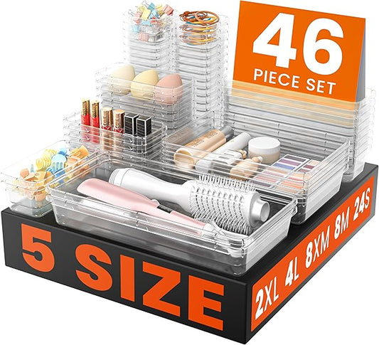 A-LuGei 【46PCS & 5Sizes】 Clear Drawer Organizer,【Hold 277 Items】 Makeup Organizer, Bathroom Organizers and Storage, Organization and Storage, Organizer Bins for Office Vanity Kitchen Tool Trays