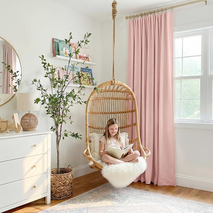 INOVADAY 100% Blackout Curtains for Bedroom, Black Out Curtains 96 Inch Long, Clip Rings Linen Blackout Drapes, Thermal Insulated Room Darkening for Living Room, 1 Panel - Blush Pink,W102xL96