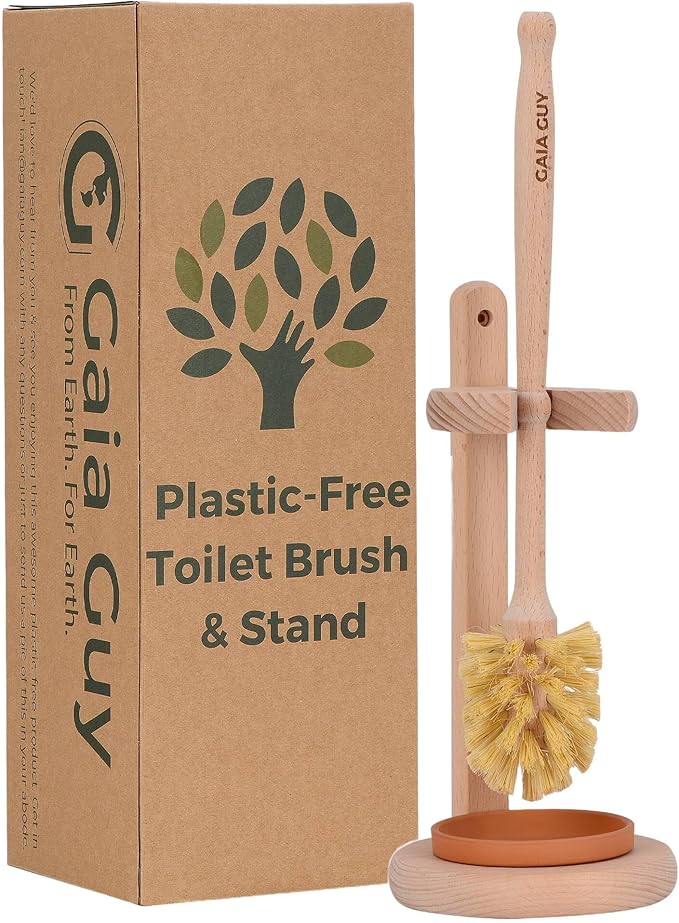 Gaia Guy Beech Wood Toilet Brush with Stand & Ceramic Drip Tray – Eco-Friendly Toilet Scrubber with Sisal Bristles – Compostable, Biodegradable & Plastic-Free Bathroom Cleaner