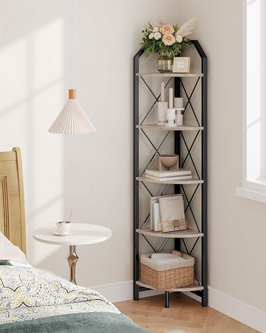 5-Tier Corner Shelf, Industrial Corner Bookshelf, 59.4" Corner Storage Stand, Plant Stand Display Shelf, Corner Bookcase for Bedroom, Living Room, Home Office, Greige and Black TCJ10BG