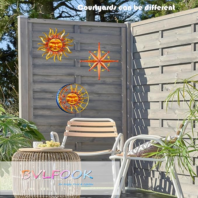 Sun Moon Star Metal Wall Art, Glass Sun Face Weird Decor, Set of 3, Indoor Outdoor Wall Decor for Patio Garden Balcony Porch Yard, Farmhouse Bedroom Living Room Wall Decorations