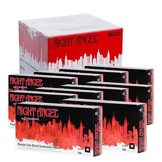 Adenna Night Angel Disposable Nitrile Gloves – 4 Mil, Powder Free Rubber Glove for Tattoo & Medical Use, Latex-Free, Tactile Sensitivity with Textured Grip, Case of 1000, Medium, Black