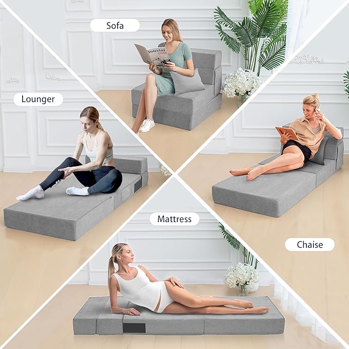 Sofa Bed Foldable Mattress ，Folding Sleeper Sofa Chair Bed Floor Mattress with Pillow for Living Room Home Office (Light Gray, Single)