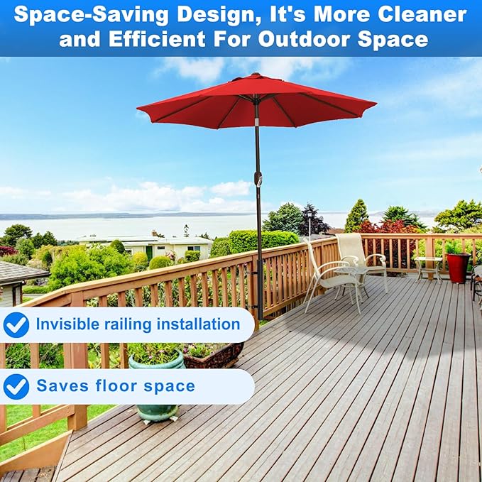 BeneLabel Patio Umbrella Holder for Deck Railing No Drill Deck Umbrella Clamp Mount Fits 1"-2" Umbrella Poles Space Saving Design Umbrella Holder for Deck Balcony Garden Poolside Railing