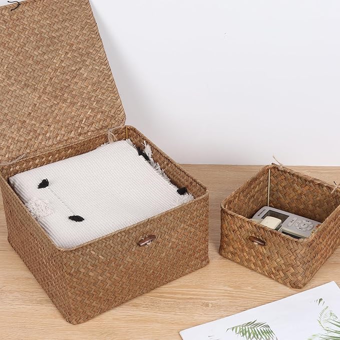 Wicker Shelf Baskets with Lid, Handwoven Seagrass Storage Basket Bins Square Gift Boxes for Shelves Home Decor Organizer (Coffee, Large)