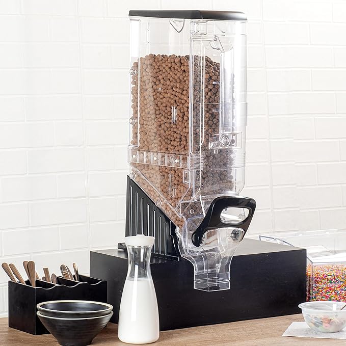 Restaurantware Cereal Dispenser 5 gal Plastic Gravity Bin Candy Dispenser Self-Serve Black Dry Food with Stand for Breakfast Buffet or Hotel Use