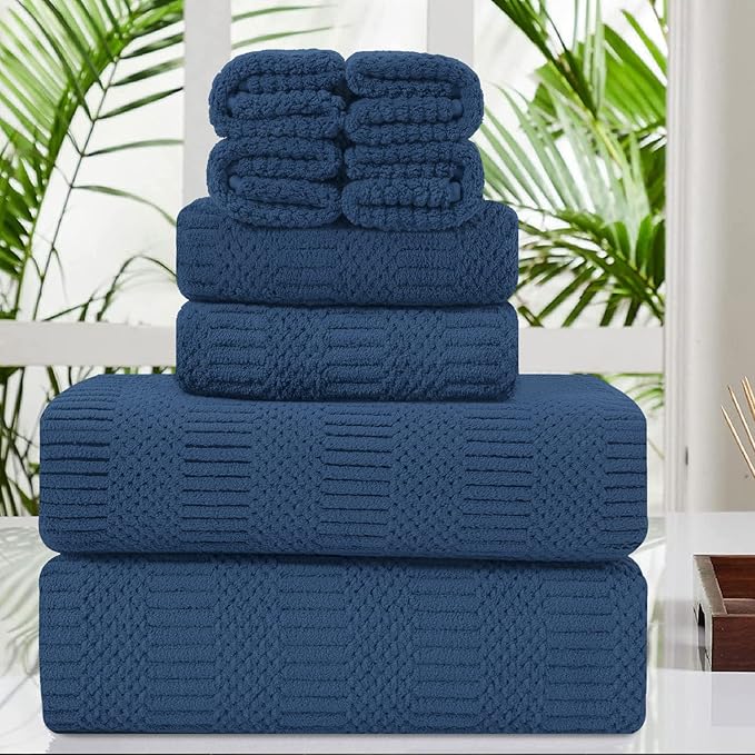 Oliven 8 Pcs Navy Oversized Bath Sheet Set-2 Large Bath Towel Sheets,2 Hand Towels,4 Washcloths 600GSM Soft Highly Absorbent Quick Dry Beach Chair Towels Woven Towel for Bathroom Hotel and Spa