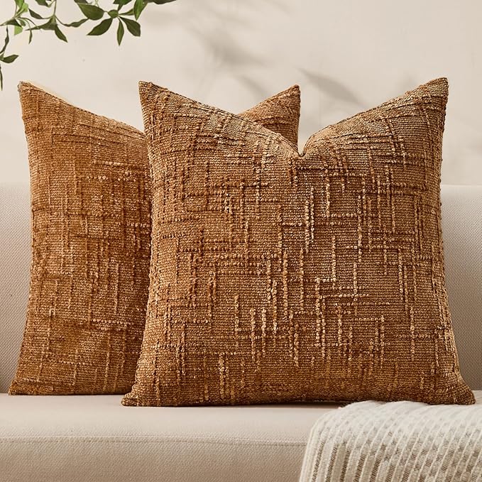 Throw Pillow Covers 22x22 Set of 2 - Rust Chenille Boho Cushion Covers