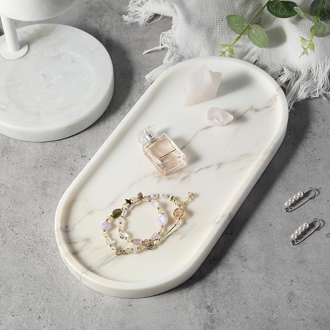 White Marble Tray with Gold Pattern - Decorative Stone Tray for Bathroom & Vanity