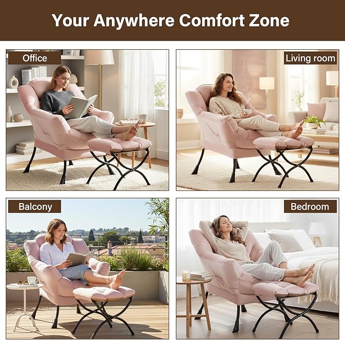 Welnow Lazy Chair with Ottoman, Modern Lounge Accent Chair with Armrests and a Side Pocket, Leisure Sofa Armchair, Reading Armchair with Footrest for Small Space, Pink