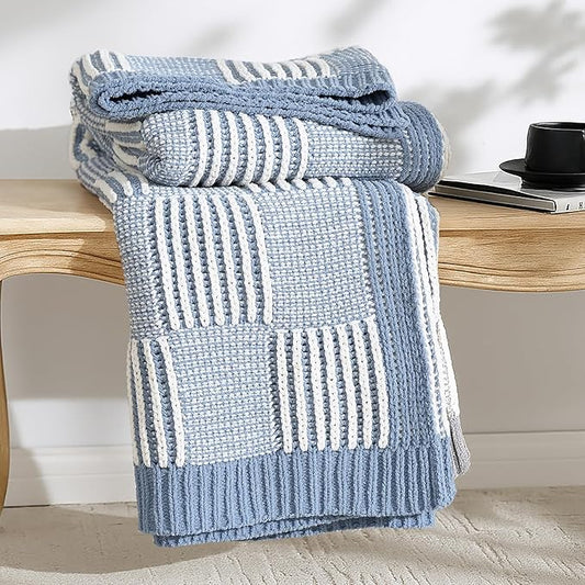 Amélie Home Checkered Knit Throw Blanket for Couch, Chenille Texture Decorative Soft Blanket for Sofa & Chair, 60"x80", Blue & Ivory