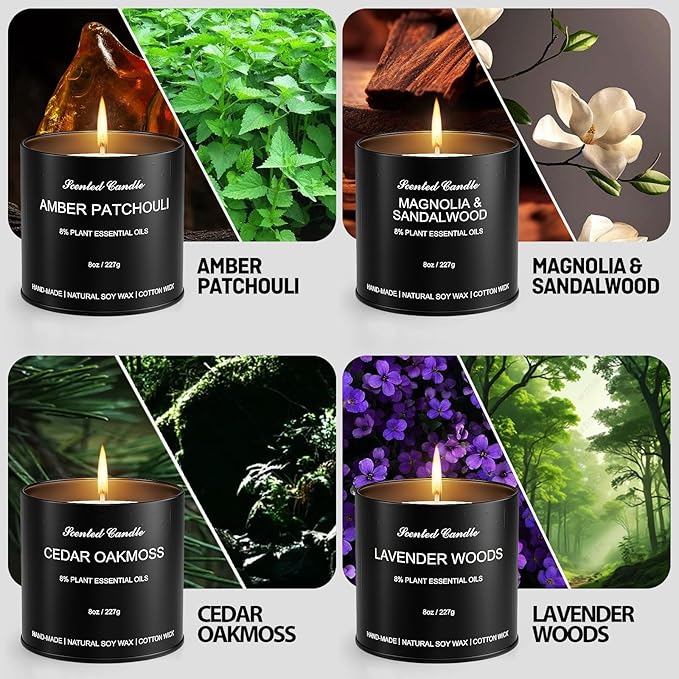 Scented Candles for Men 4 Pack x8oz, Luxury Soy Wax Aromatherapy Candles, Strong Masculine Scents, Long Lasting Essential Oil Candles, Gift Set for Dad, Husband, Boyfriend