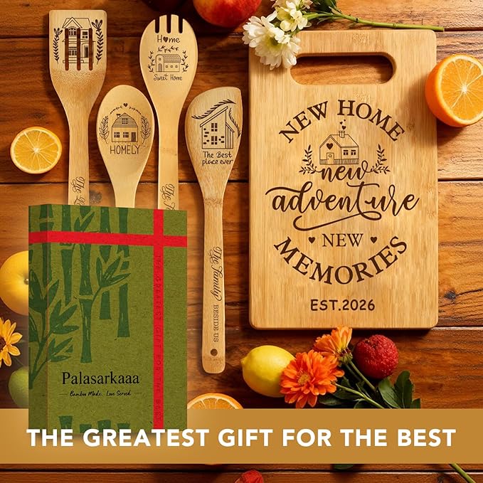 6 Pcs Housewarming Gifts Set for Women Friends Neighbor, New Home Essentials with Bamboo Cutting Board & 4 Blessing Spoons, New Home New adventure New Memories 2026