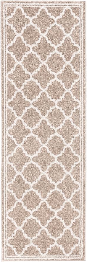SAFAVIEH Amherst Collection Runner Rug - 2'3" x 15', Wheat & Beige, Moroccan Trellis Design, Non-Shedding & Easy Care, Ideal for High Traffic Areas in Living Room, Bedroom (AMT422S)