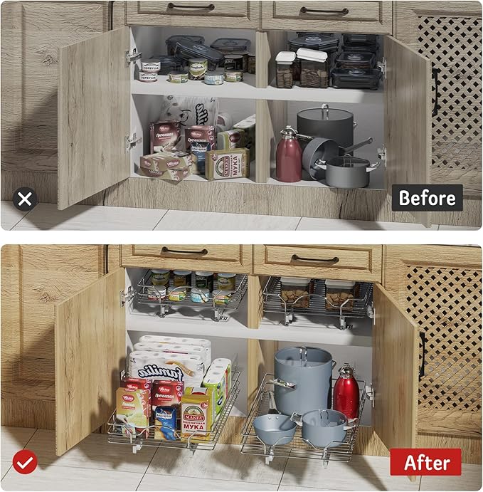 LOVMOR Pull Out Cabinet Organizer and Storage 27" W x 21½" D, Slide Out Shelves for Kitchen Cabinets