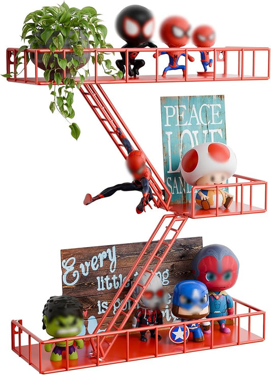 Fire Escape Shelf - 3 Tier Metal Large Red Fire Escape Wall Shelf, New York Action Figurine Display Shelf, Decorative Wall Shelf, Unique Rustic Floating Shelves for Bedroom, Bathroom (17 inch)