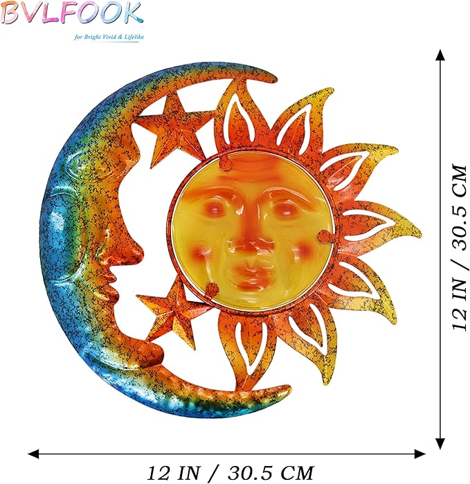 Metal Sun&Moon Wall Art Decor,12 Inch Retro Hanging Decor With Glass,Sun Moon Star Outdoor Indoor Wall Decorations For Patio Yard Garden Fence Living Room Bedroom