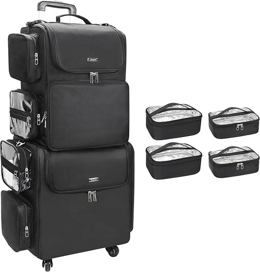 Relavel Rolling Makeup Train Case with Hair Stylist Backpack, Hairstylist Traveling Bag with 4 Wheels, Heat Insulation Full Layer, Adjustable Dividers, Hair Tools and Cosmetics Storage Organizer