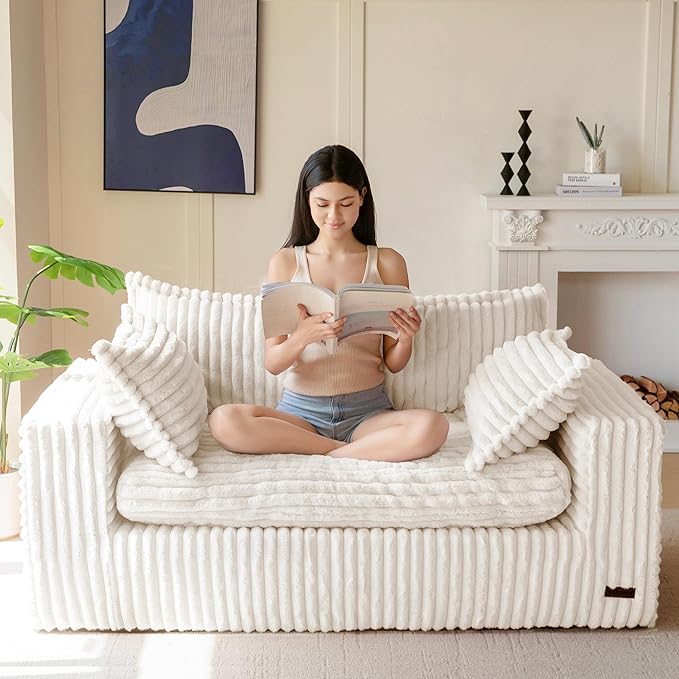 MAXYOYO 59" Bean Bag Sofa Couch, Loveseat Boneless Couch in a Box, Upholstered Small Mini Sofa with Deep Seating for Living Room Bedroom Office Apartment, No Assembly, Beige