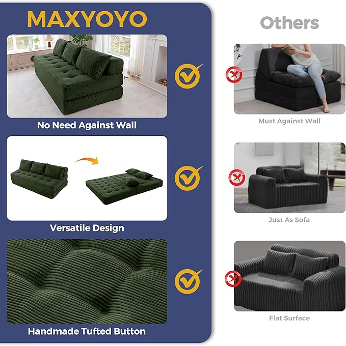 MAXYOYO Folding Sofa Couch, Convertible Floor Sleeper Couch with 3 Pillows, Tufted Floor Oversized Loveseat Couch Tufted Fold Out Chair Bed Comfy Sofa Lounge for Living Room Bedroom, Dark Green
