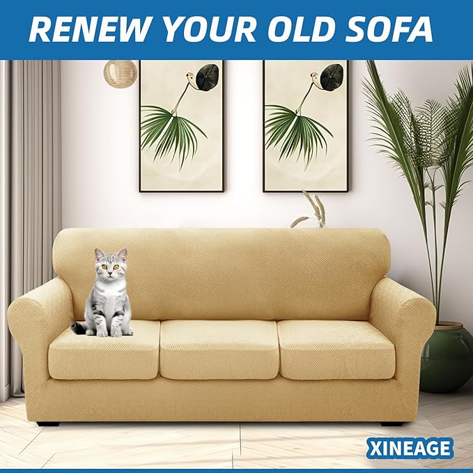 XINEAGE 2025 New 4 Pieces Extra Large Couch Covers for 3 Cushion Sofa Super Stretch Sofa Cover for 3 Large Seat Cushion Universal Fitted Slip Cover for Living Room (Beige), 91"-110"(3 Cushions)