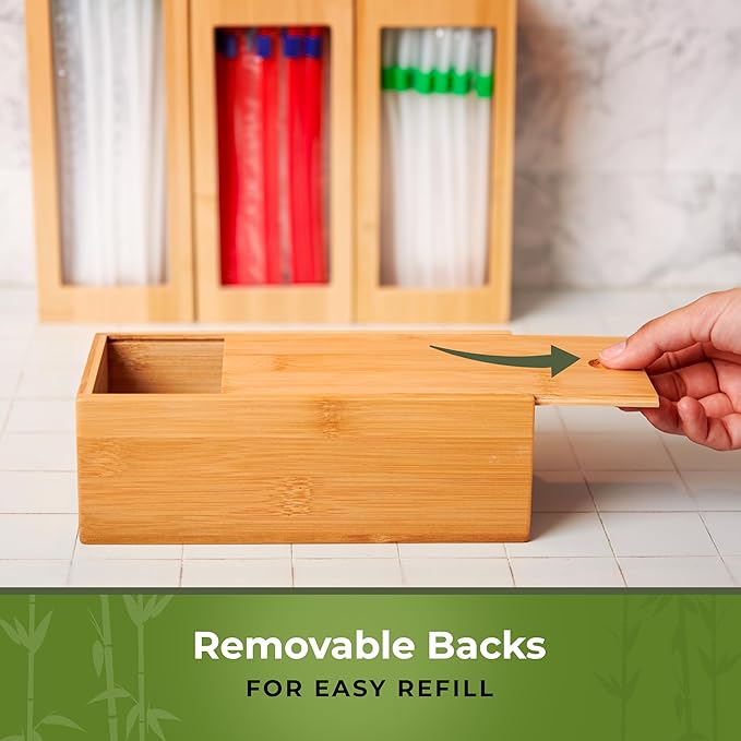 Storage Bag Organizer, Bamboo Baggie Organizer for Drawer, 4 Modular Blocks with Labels, Plastic Bag Storage Organizer, Quick Refill, Compatible with Gallon, Quart, Sandwich, Snack size bags