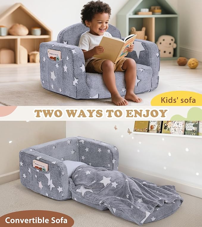 Kids Couch, 2-in-1 Soft Toddler Couch Fold Out with with Blanket and Cloud Pillow, Glow in The Dark, Toddler Chair Comfy, Convertible Sofa, Gifts for Kids Girl Boys, Medium Grey Star