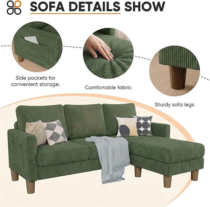 JUMMICO L Shape Sectional Sofa Couch, 3 Seat Convertible Sofa with Movable Ottoman and Side Storage Pockage, Modern Sofa Small Couches for Living Room & Apartment and Small Space (Corduroy, Green)