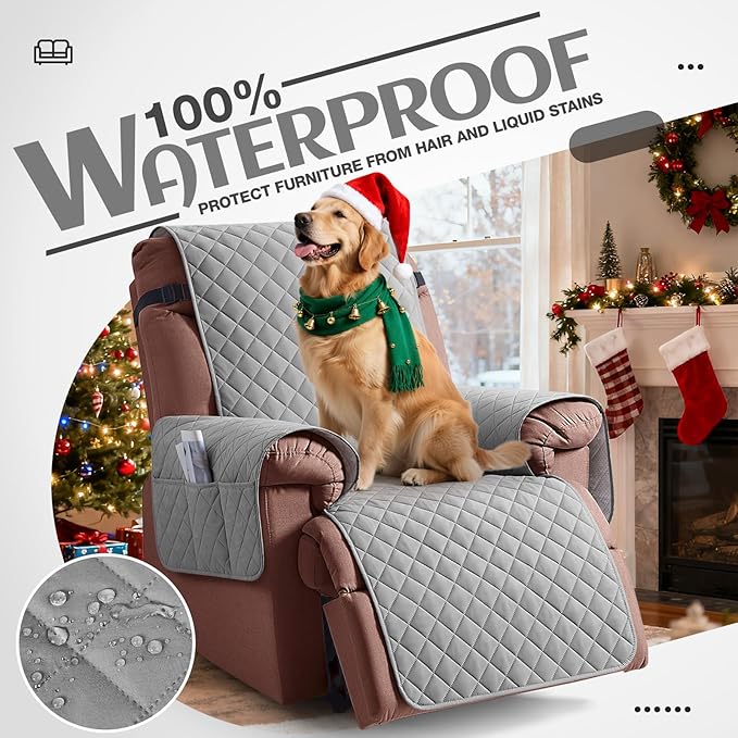 KinCam 100% Waterproof Recliner Chair Cover, Reclining Couch Covers for Pets, Dogs, Recliner Couch Slipcover Furniture Protector with Elastic Straps for Kids(30", Light Gray)