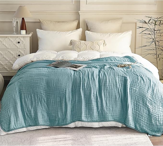 SANACYNA Muslin Blankets 100% Cotton 6-Layer Gauze Queen Size Teal Light Blanket Soft Cozy Breathable Bed Blanket for Sofa Couch Bed Coverlet Both Sides (Teal, Queen 90" X 90")