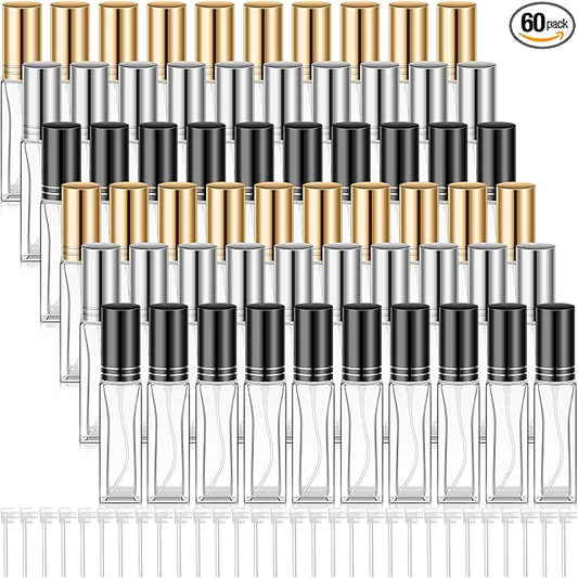 Domensi 60 Pcs 8 ml Empty Glass Perfume Bottles Bulk - Gold,Silver,Black Refillable Cologne Spray Atomizer with Pump, for Travel, Skincare, Haircare, Cleaning & DIY Essentials