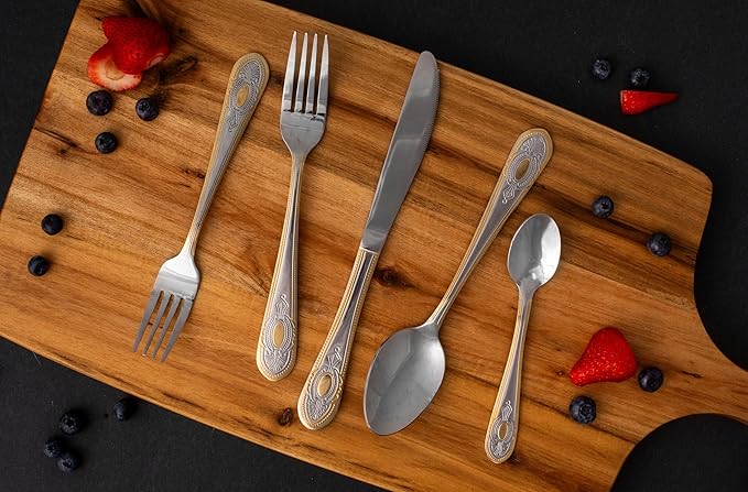 5 Piece Flatware Set - Service for 1-18/10 Stainless Steel Silverware - Vintage Design Handle with Gold Detailing - Dishwasher Safe - Durable Cutlery - First Apartment Essentials (Lucca)