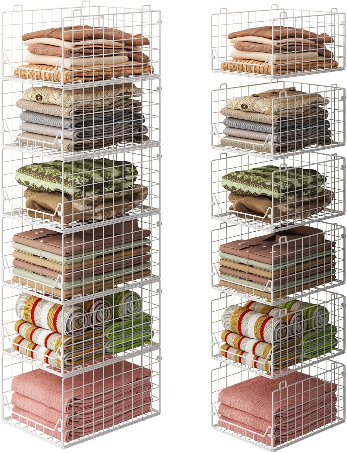 6-Tier Closet Shelf Organizer,Metal Stackable Closet Organizers and Storage,Clothes Storage Bins,Shelf Organizer Basket ,Folded Shelf Organizer for Closet Wardrobe,White