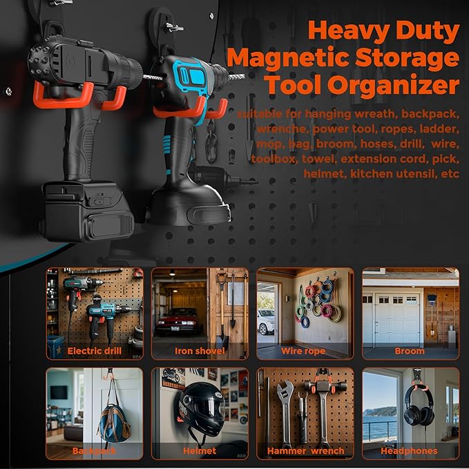 6 Pack Large Strong Magnetic Hooks Heavy Duty Garage Big Magnet Hooks Extra Strength Magnetic Utility Storage Hook Hanger with Anti Slip Coating for Garden Indoor Outdoor Hanging Tools Orange