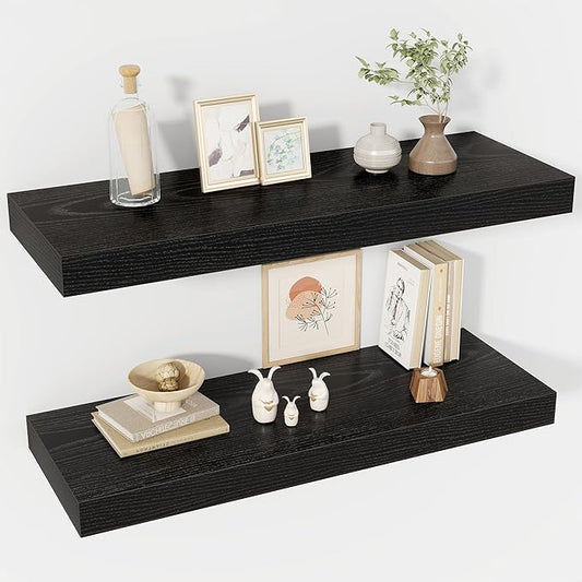 30 Inch Floating Shelves, 12" Deep Floating Shelf Wall Mounted, 30" Wall Shelves, Rustic Deep Bookshelf, Extra Deeper & Thicker Display Shelves for Bedroom, Living Room, Black, Set of 2