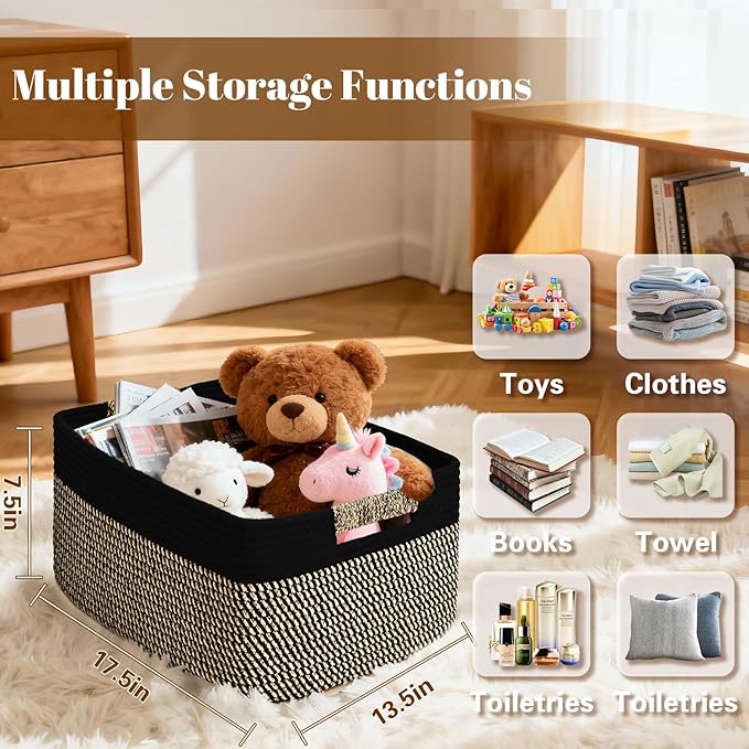 3 Pack Large Storage Basket for Organizing, 17.5"x13"x7" Woven Basket for Shelves, Closet Cube Storage Bins with Wrapped Handle, Cotton Rope Baskets for Kitchen, Clothes, Toys(Black & Brown)