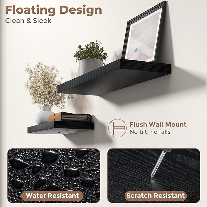 16 Inch Floating Shelves for Wall Set of 2, 8"D Wood Grain Bathroom Shelves with Invisible Brackets, Easy Install Engineered Wood Storage Shelves for Kitchen, Living Room, Bedroom, Black Finish