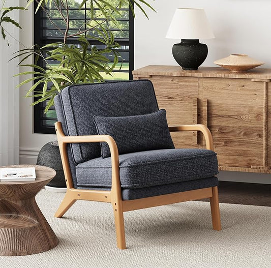 Accent Chair with Solid Wood Frame, Mid-Century Relaxing Armchair Lumbar Pillow& Soft Cushion, Reading Leisure Chair for Living Room, Bedroom, Waiting Room-Blue