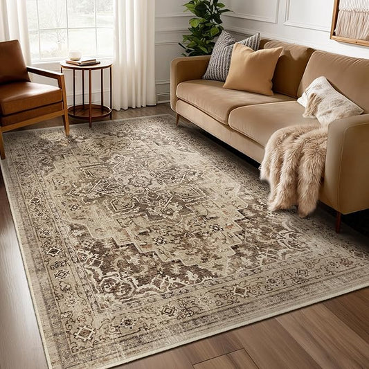 Vintage Brown 5x8 Area Rugs for Living Room, Distressed Medallion Dining Room Rug Washable Non Slip, Low Pile Thin Carpet Rugs for Den/Bedroom/Foyer/Home Office, Earthy Brown Taupe Black