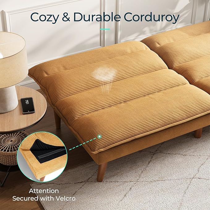 LINSY HOME Futon Sofa Bed - Convertible Corduroy Futon Couch Bed with Adjustable Backrest, Modern Small Loveseat Sleeper Sofa for Small Spaces, Living Room, Apartment or Office (Yellow)