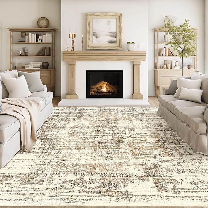Madane 8x10 Area Rugs for Living Room, Machine Washable Vintage Natural Rug with Anti-Slip Backing, Soft Large Throw Rugs, Low Pile Carpet for Bedroom Dining Room Farmhouse Brown