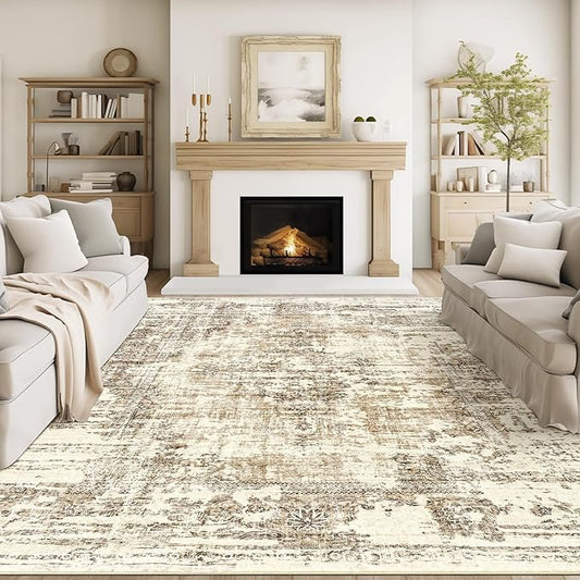 Madane 8x10 Area Rugs for Living Room, Machine Washable Vintage Natural Rug with Anti-Slip Backing, Soft Large Throw Rugs, Low Pile Carpet for Bedroom Dining Room Farmhouse Brown