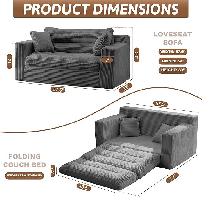Convertible Sofa Bed, Pull Out Boneless Couch Loveseat Floor Sofa Bed with Pillows, 2-Seater Folding Sofa Loveseat Boneless Couch for Living Room, Bedroom, Apartment, Office(Grey)