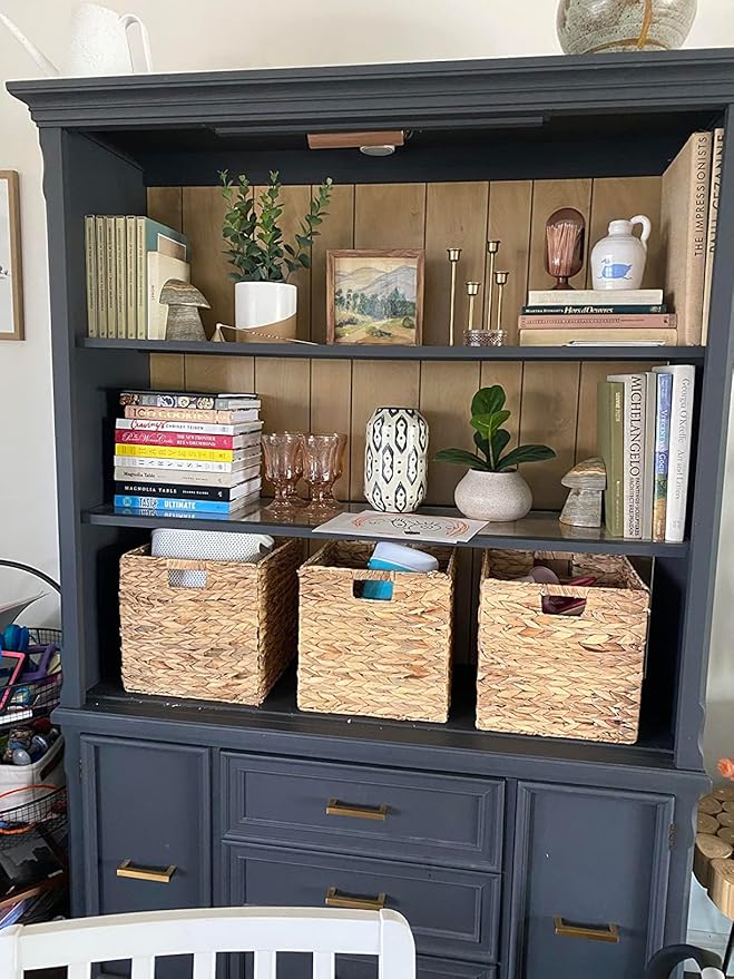 10.5x10.5in Storage Baskets Set of 5 Water Hyacinth Baskets,Foldable Handwoven Storage Cubes,Wicker Cube Baskets Laundry Organizer Totes for Bathroom, Bedroom, Laundry, Pantry, Shelves