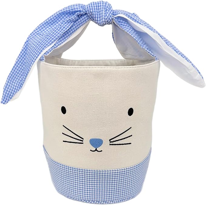 Easter Bunny Canvas Basket, Easter Egg Basket, Bunny Face, White with Gingham Pattern, 8x10 Inches, Foldable Tie Handle (Blue)