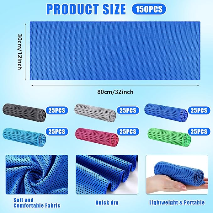 150 Pcs Cooling Towels Bulk 32 x 12 Inch Ice Towel Bulk Cooling Rag for Face and Neck Soft Breathable Microfiber Cloth Chilly Quick Cold for Gym Sport Golf Running Stay Cold (Multiple Colors)